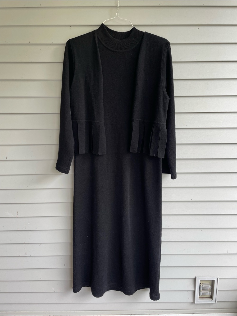 Nina Leonard Black Long-Sleeve Knit Wool-Blend Dress with Cropped Cardigan
